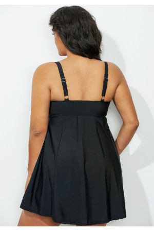 Solid Black Lattice Neck Swimdress