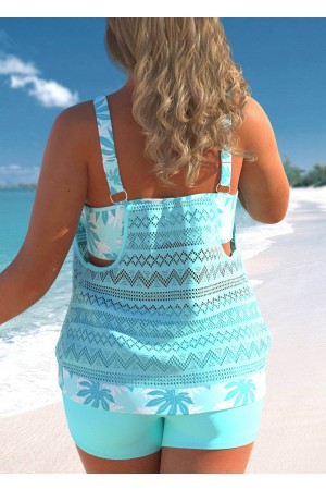 Lace Patchwork Cutout Cyan Tankini Set