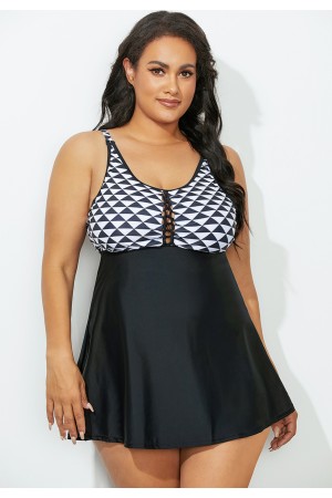 Black Geometric Laceup Swimdress