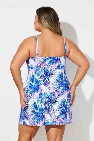 Colorful Plants Print Scoop Neck Double Straps Plus Size Swimdress