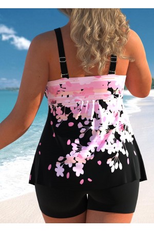 Floral Print Wide Strap Pink Tankini Set