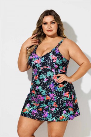 Colorful Flowers Dot Print Scoop Neck Plus Size Swimdress