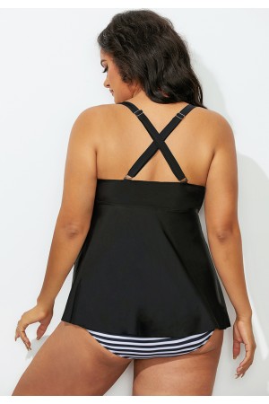 Black Tie Front Tankini Top With Striped Bottom
