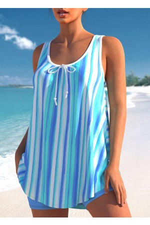 Wide Strap Striped Sky Blue Tankini Set