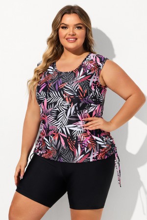 Red Leaf Print Scoop Neck Thick Strap Plus Size Tankini Set