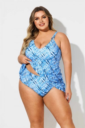 Blue Water Striped Scoop Neck Plus Size Swimdress