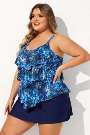 Blue Tiered Hanky Hem Scoop Neck Plus Size Swimdress