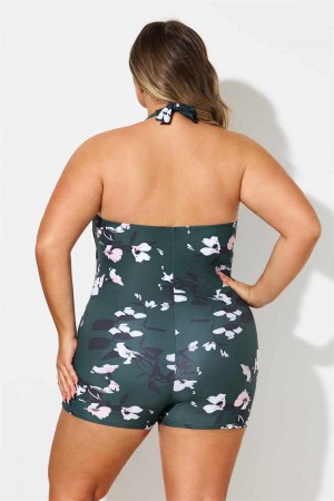 FLORAL HALTER STRAP SWEETHEART NECK RUCHING TUMMY CONTROL CASUAL ONEPIECE SWIMSUIT
