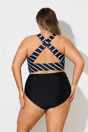 BLACK STRIPED SCOOP NECK WIDE STRAPS CROSS BACK Plus Size BIKINI SET