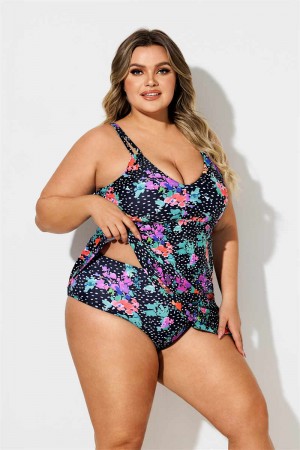 Colorful Flowers Dot Print Scoop Neck Plus Size Swimdress