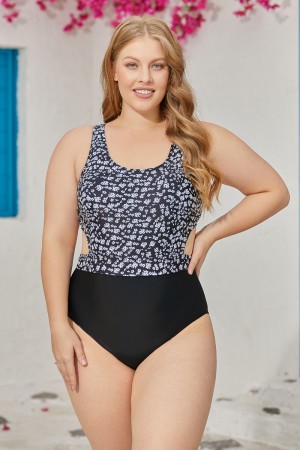 Black Floral Print Scoop Neck OnePiece Swimsuit