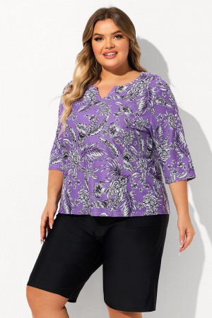 Purple Tropical Floral Print V Neck Half Sleeve Plus Size Tankini Set