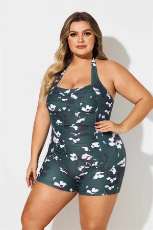 FLORAL HALTER STRAP SWEETHEART NECK RUCHING TUMMY CONTROL CASUAL ONEPIECE SWIMSUIT
