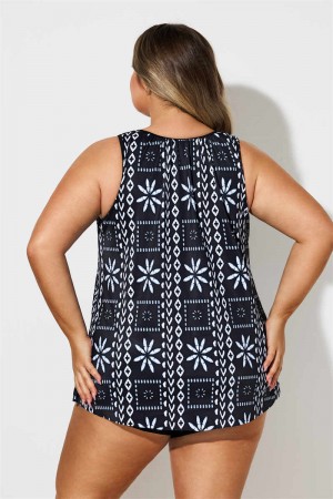 Geometric Print Wide Strap Black Plus Size Tankini Set