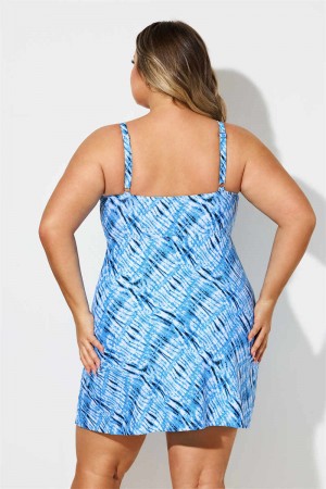 Blue Water Striped Scoop Neck Plus Size Swimdress