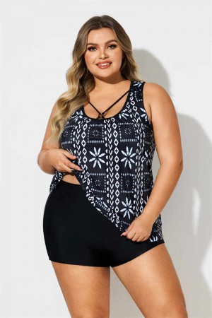 Geometric Print Wide Strap Black Plus Size Tankini Set