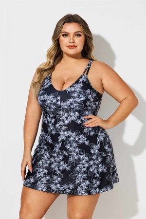 Black And White Flowers Print Scoop Neck Plus Size Swimdress