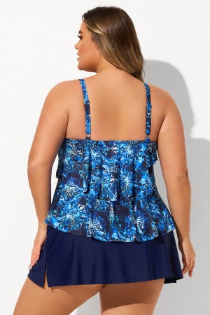 Blue Tiered Hanky Hem Scoop Neck Plus Size Swimdress