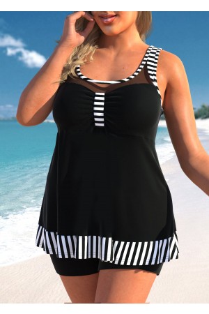Plus Size Mesh Striped Black Tankini Set