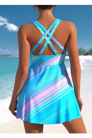 Cross Strap Striped Cyan Swimdress
