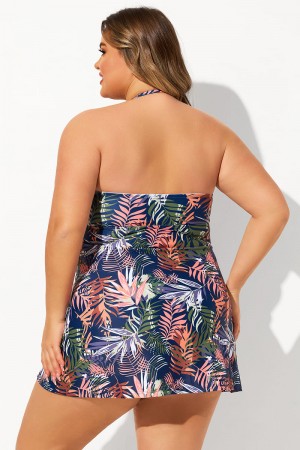 Red Tropical Leaf Print Bandeau Halter Strap Plus Size Tankini Set