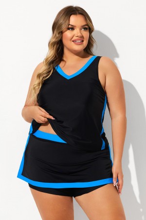 Black Colorblock V Neck Thick Strap Plus Size Tankini Set