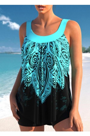 Tribal Print Wide Strap Cyan Tankini Set