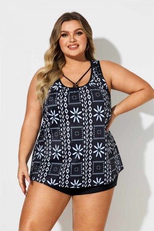Geometric Print Wide Strap Black Plus Size Tankini Set