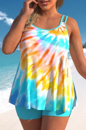 Plus Size Tie Dye Print Cyan Tankini Set