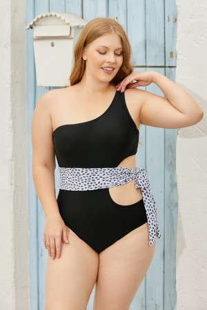 Black One Shoulder OnePiece Swimsuit with leopard Belt