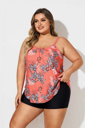 Plus Size Plants Print Coral Red Tankini Set