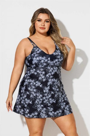 Black And White Flowers Print Scoop Neck Plus Size Swimdress