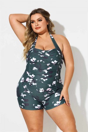FLORAL HALTER STRAP SWEETHEART NECK RUCHING TUMMY CONTROL CASUAL ONEPIECE SWIMSUIT
