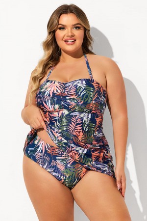 Red Tropical Leaf Print Bandeau Halter Strap Plus Size Tankini Set