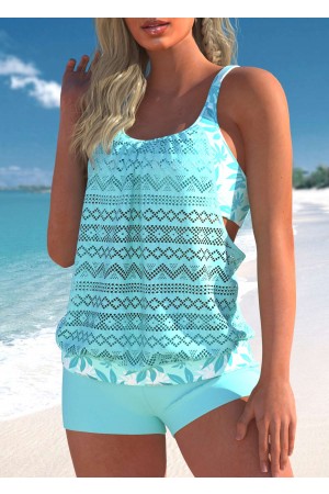 Lace Patchwork Cutout Cyan Tankini Set
