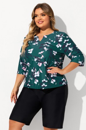 Green Floral Print V Neck Half Sleeve Plus Size Tankini Set