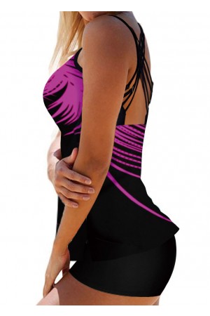 Spaghetti Strap Palm Leaf Print Tankini Set