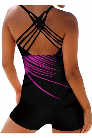 Spaghetti Strap Palm Leaf Print Tankini Set