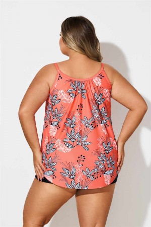 Plus Size Plants Print Coral Red Tankini Set