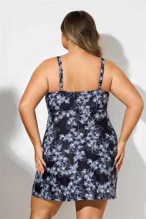 Black And White Flowers Print Scoop Neck Plus Size Swimdress