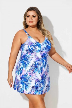 Colorful Plants Print Scoop Neck Double Straps Plus Size Swimdress