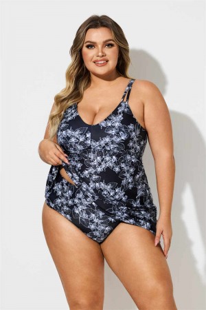 Black And White Flowers Print Scoop Neck Plus Size Swimdress