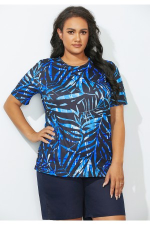 Blue Leaves Print Swim Tee With Short