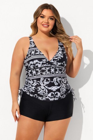 Black Cloudy Pattern V Neck Adjustable Strap Plus Size Tankini Set