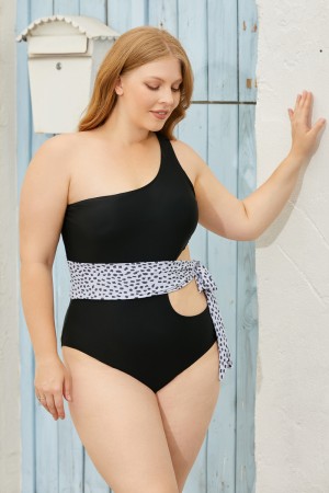 Black One Shoulder OnePiece Swimsuit with leopard Belt