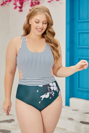 Striped And Floral Scoop Neck Belt Zipper Back OnePiece Swimsuit