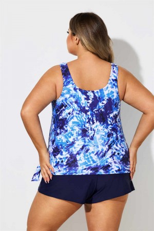 Tie Dye Print Side Tie Women Plus Size Tankini Set