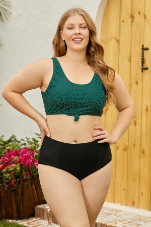 Green Square Neck Wide Straps Bikini Top And Black HighWaist Bottom