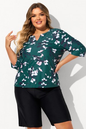 Green Floral Print V Neck Half Sleeve Plus Size Tankini Set