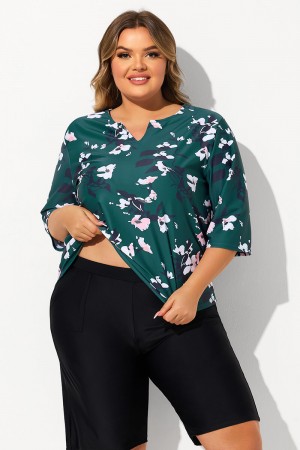 Green Floral Print V Neck Half Sleeve Plus Size Tankini Set